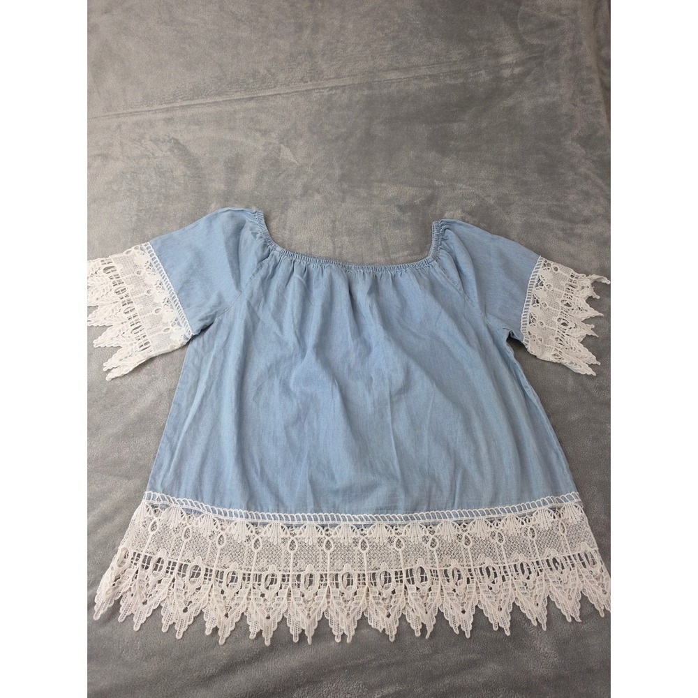 Taxi Women Plus Size 3X Blue Chambray Crochet Lace Trim Off Shoulder Boho Top